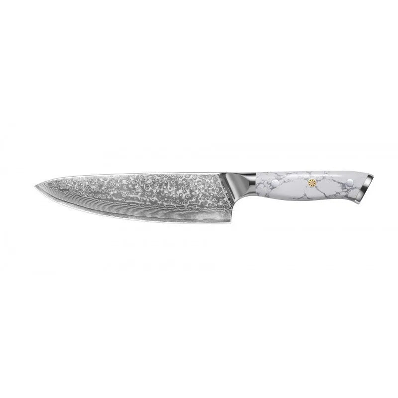 Damascus pattern chef's knife with 21cm VG10 steel blade and 11cm handle on a kitchen counter.