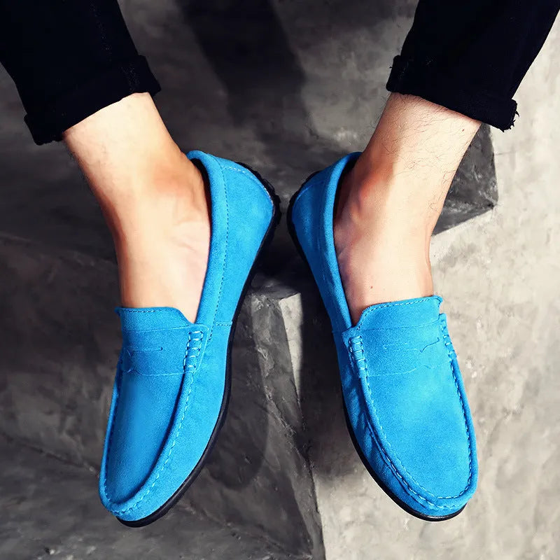 Men's suede leather casual loafers in brown colour with flat rubber sole and decorative stitching