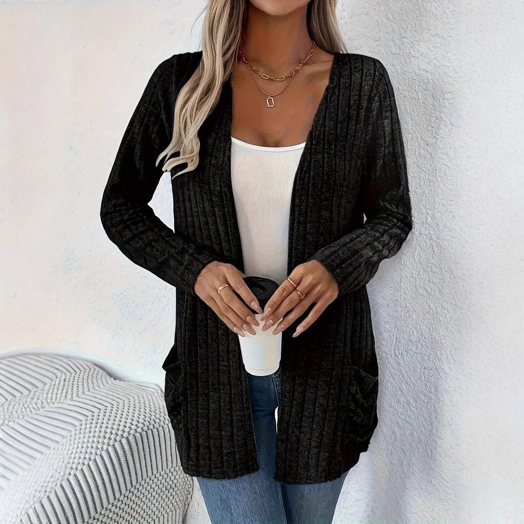 Long sleeve cardigan knitwear with pockets in granny grey colour, loose fit design for plus sizes