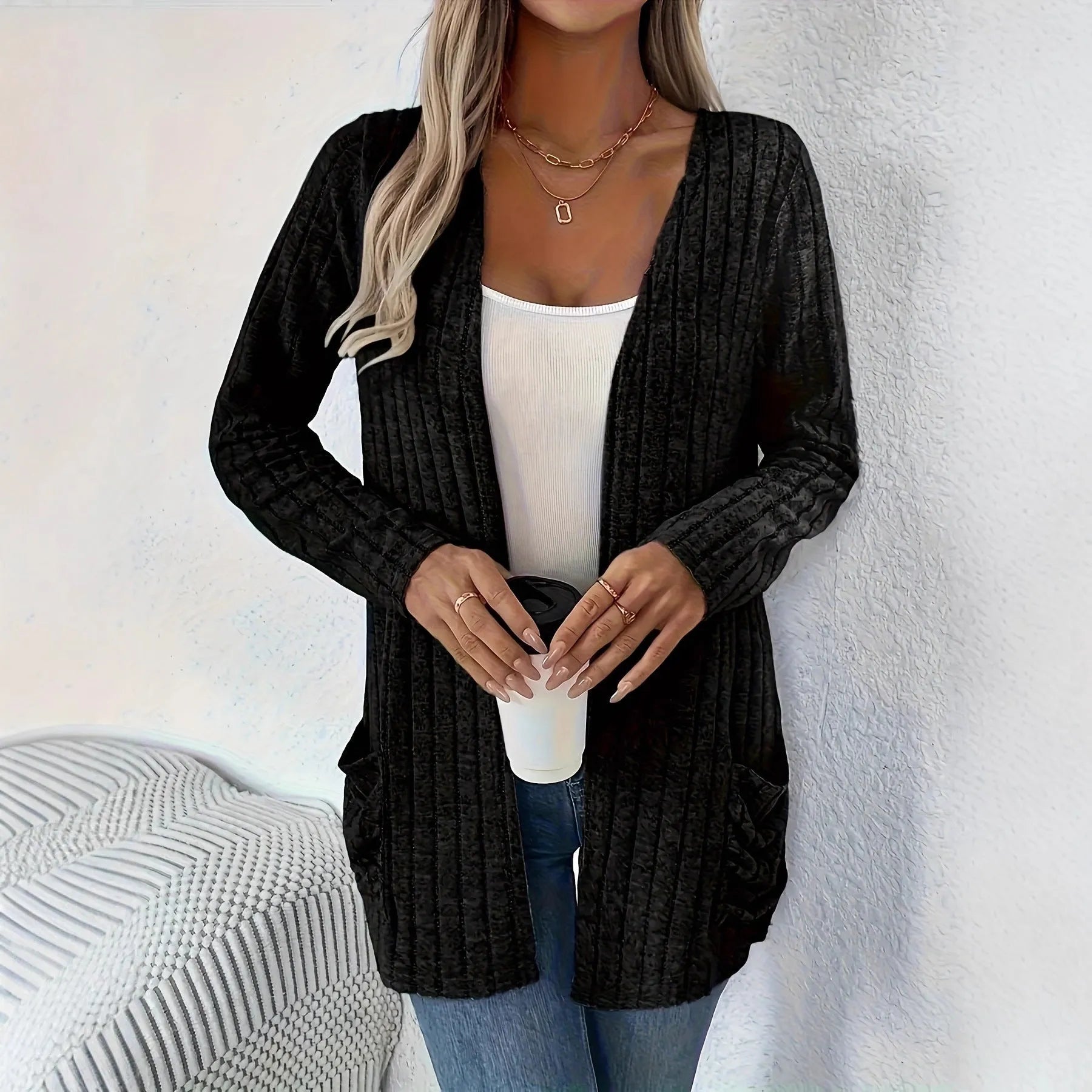 Long sleeve cardigan knitwear with pockets in granny grey colour, loose fit design for plus sizes