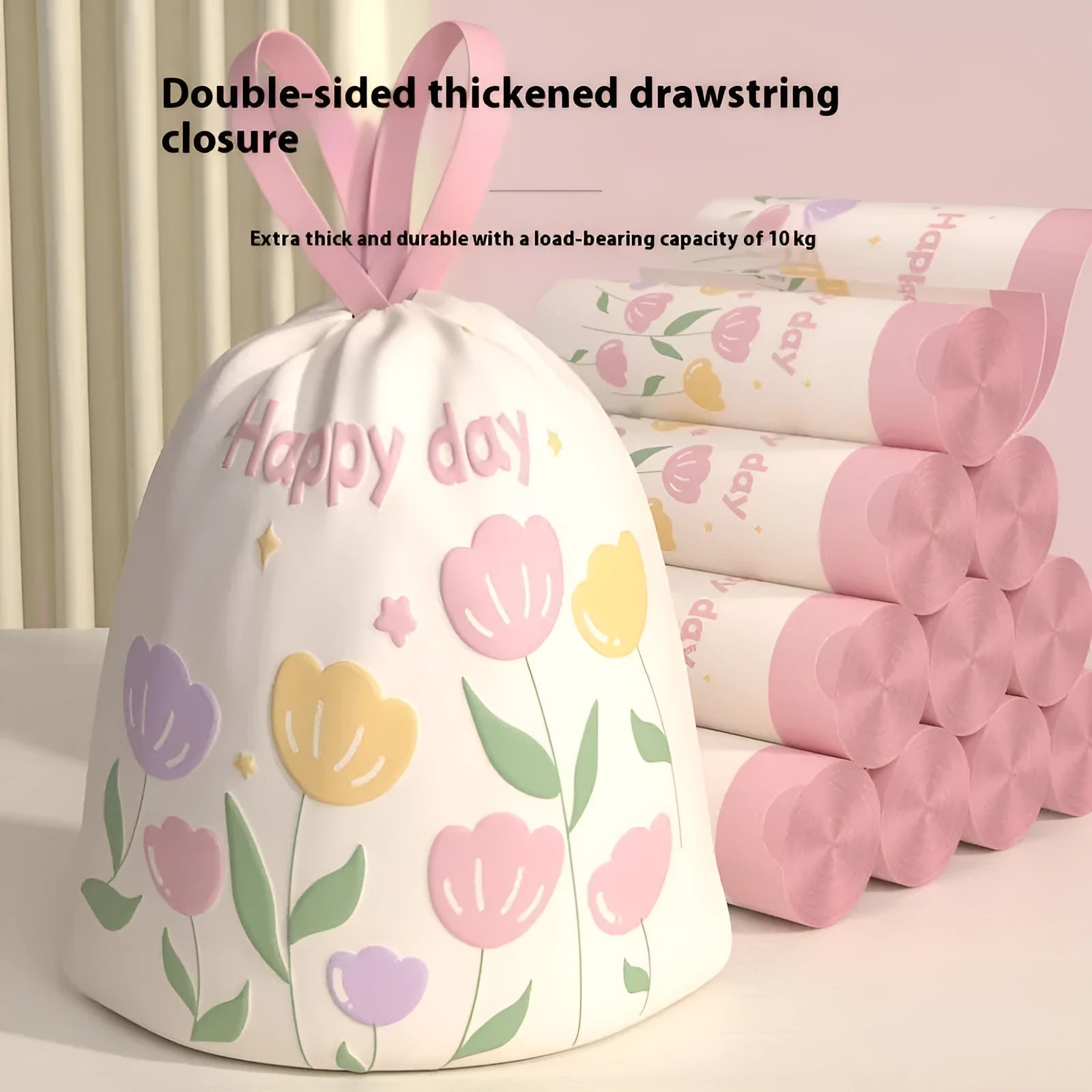 Pink degradable drawstring garbage bag with argy wormwood for mosquito repellent, size 44x48cm.