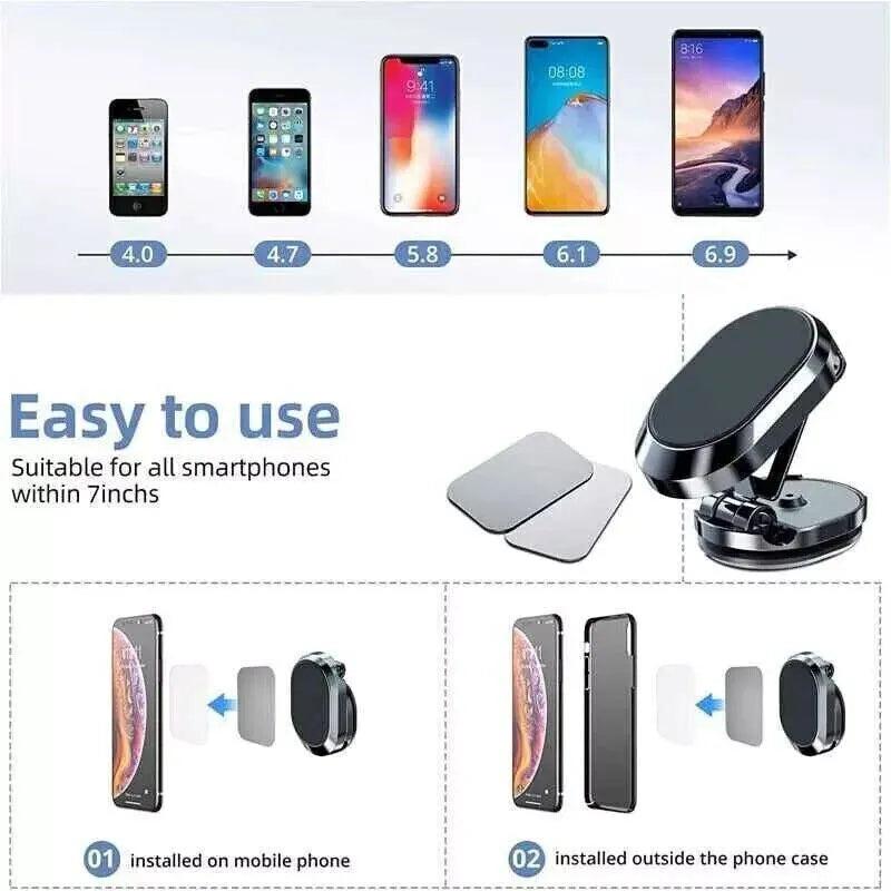 Chrome magnetic car phone holder with folding bracket and 360-degree swivel rotation