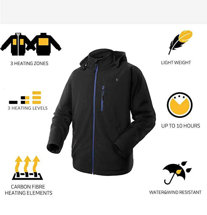 Black USB electric heated waterproof winter coat for men with zipper pockets and straight hem