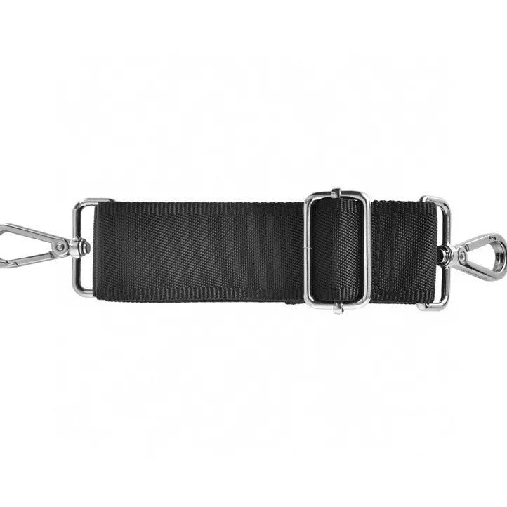Black Oxford cloth laptop backpack showing multiple organisational pockets and a lock on the front.