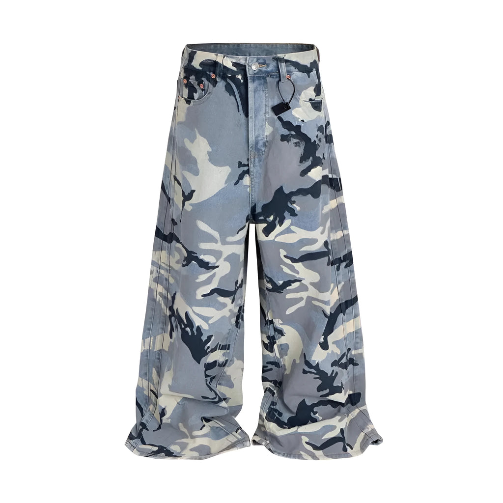 Snow camouflage blue loose fit jeans with mid waist on a plain background