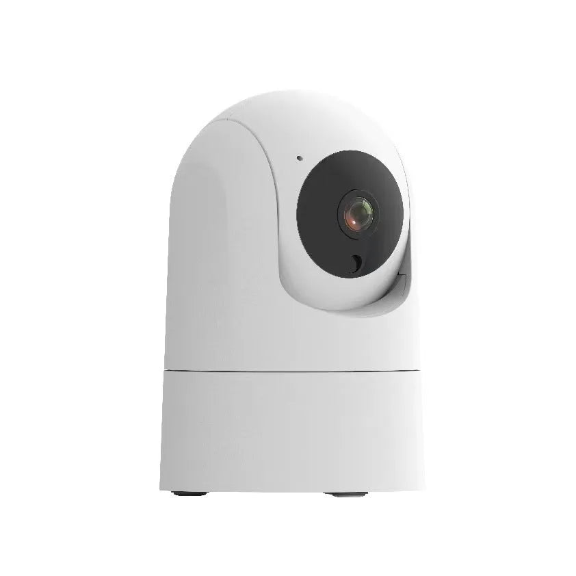 White indoor security camera with pan/tilt mechanism on stand showing front lens and microphone