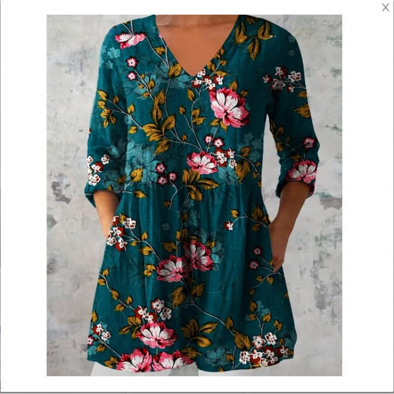 Women's printed polyester dress with 3/4 sleeves and wide waist in multiple pattern styles