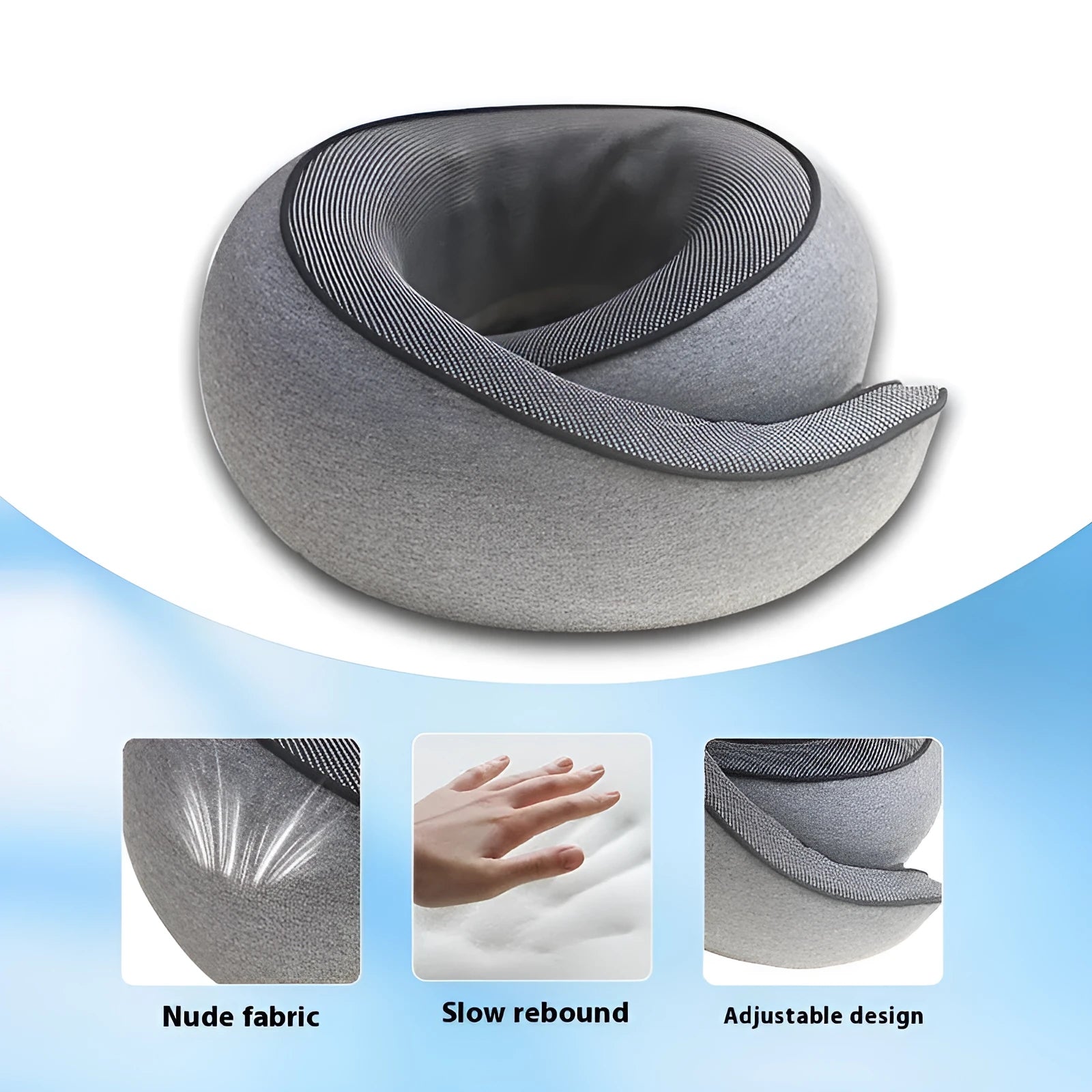 U-shaped memory foam travel neck pillow with storage bag in four colour options.