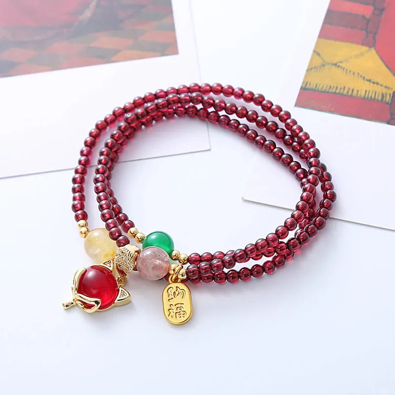 Purplish red garnet fox charm bracelet with adjustable rope for women