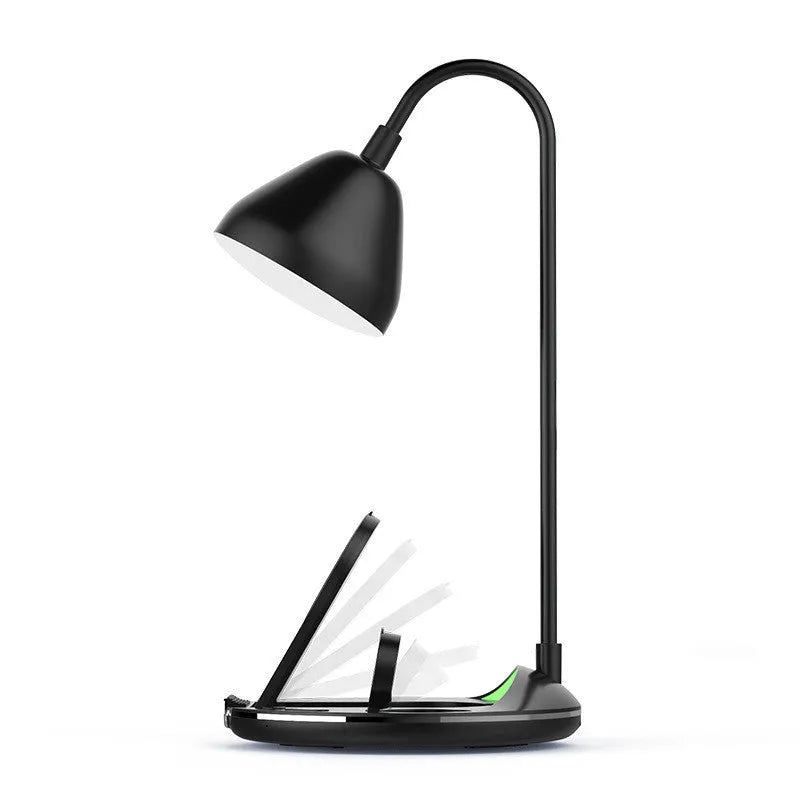 Black magnetic folding wireless charger showing adjustable stand position with USB cable