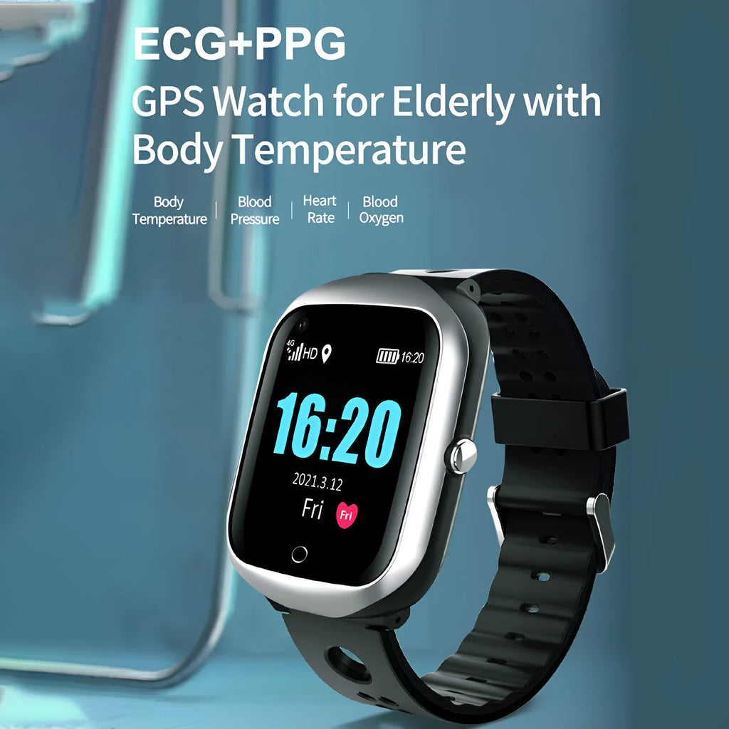 Square screen elderly positioning smartwatch with silicone strap showing black, blue and silver colour options