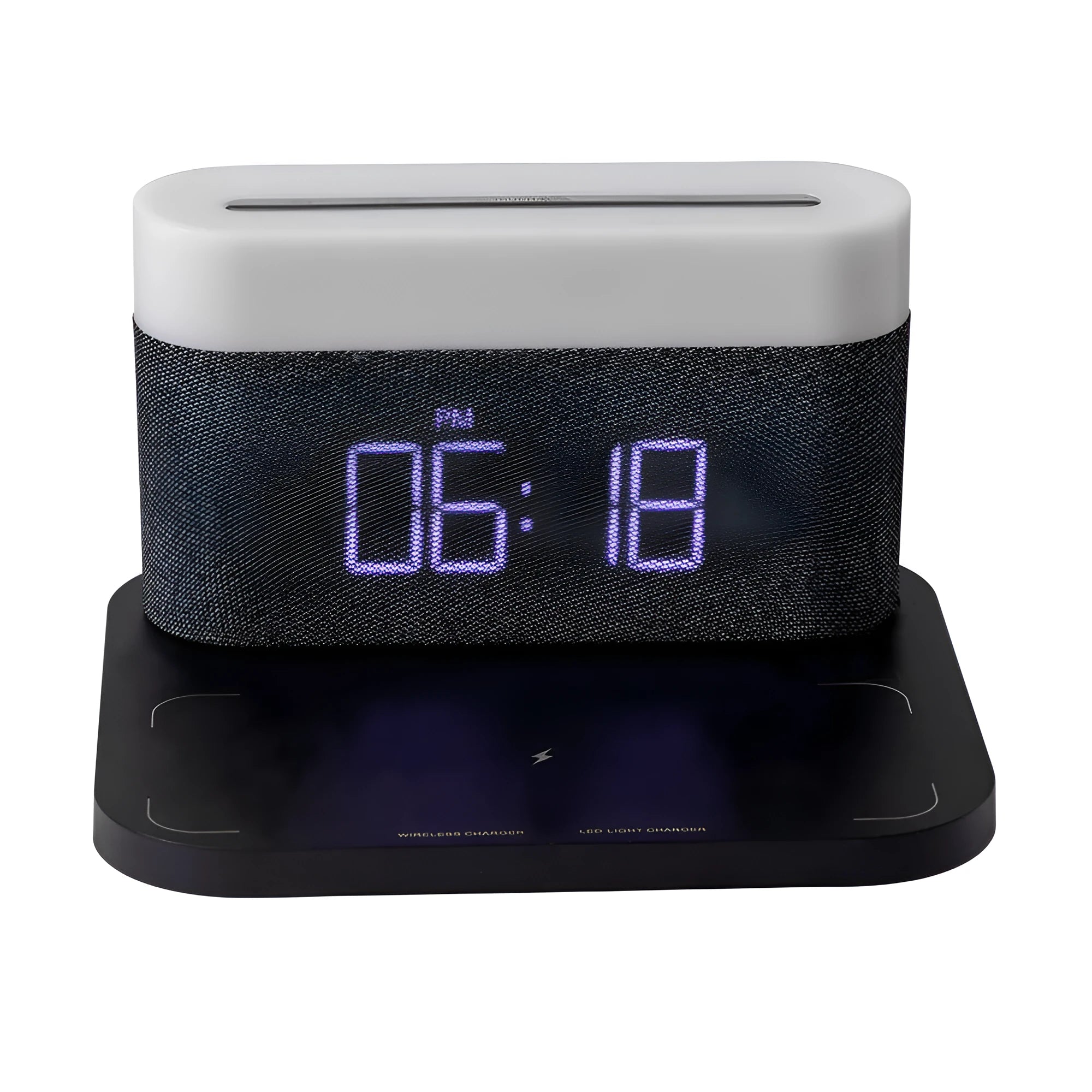 Wireless charging desktop clock night light lamp in black or white glass and ABS construction