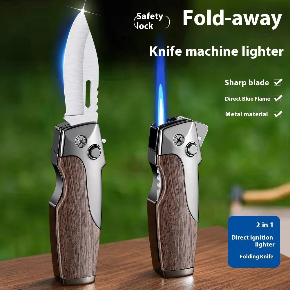 Zinc alloy metal folding lighter with integrated knife in a selection of colour and texture finishes.