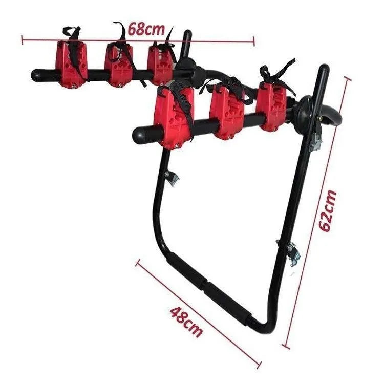Black and red trunk mounted car bike holder rack showing tie rope and pull belt style options.