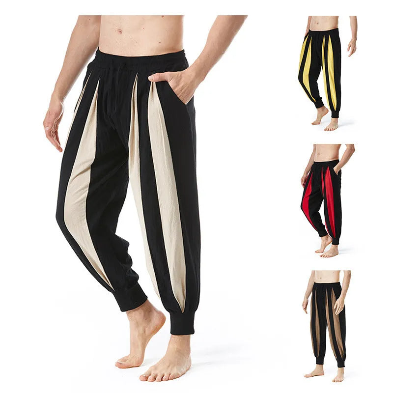 Man wearing straight-fit casual trousers in red, made from polyester, suitable for spring.