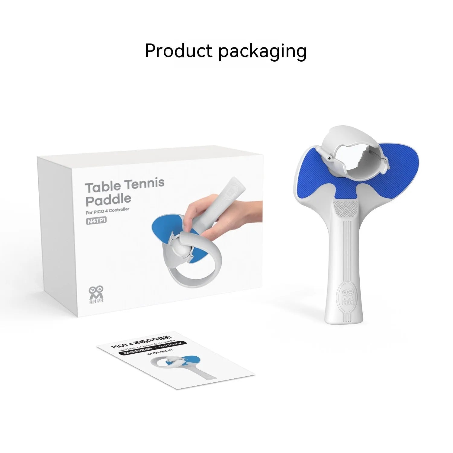 Red and blue PICO 4 VR controller table tennis hand grip accessory showing plastic silicone construction