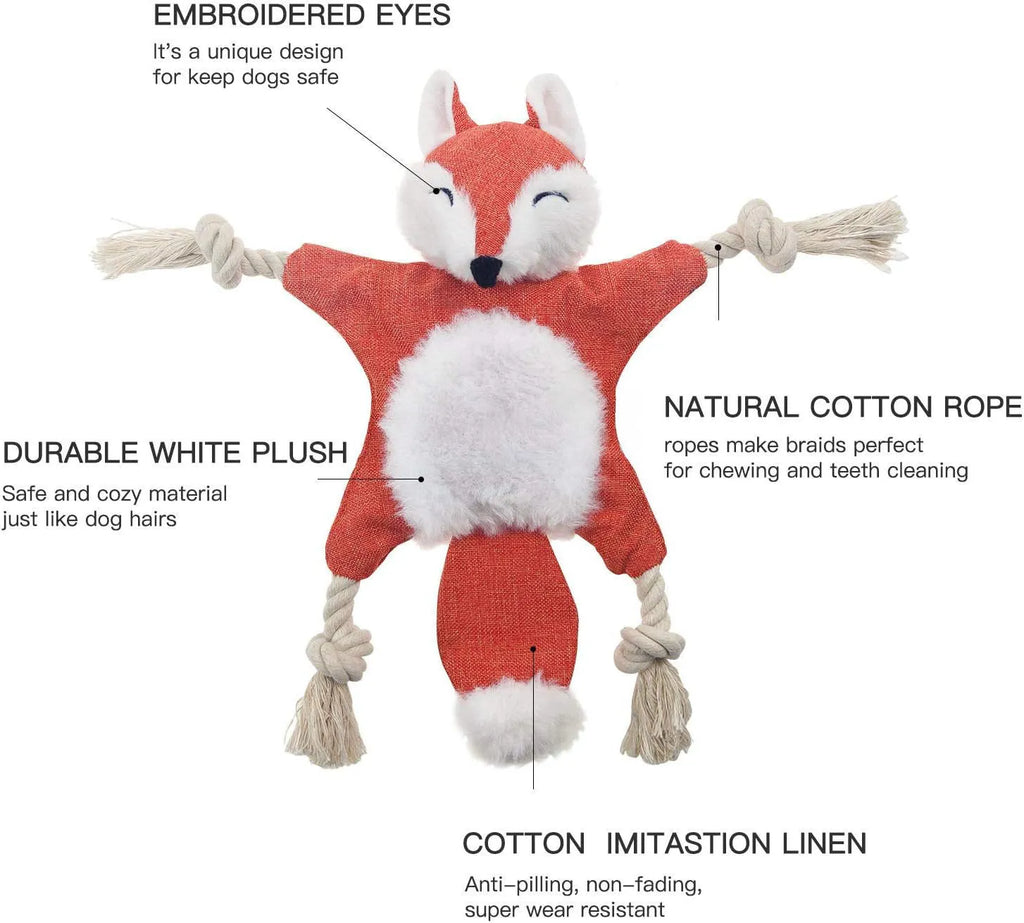 Brown plush fox dog toy with cotton rope limbs, embroidered eyes, and a squeaker.