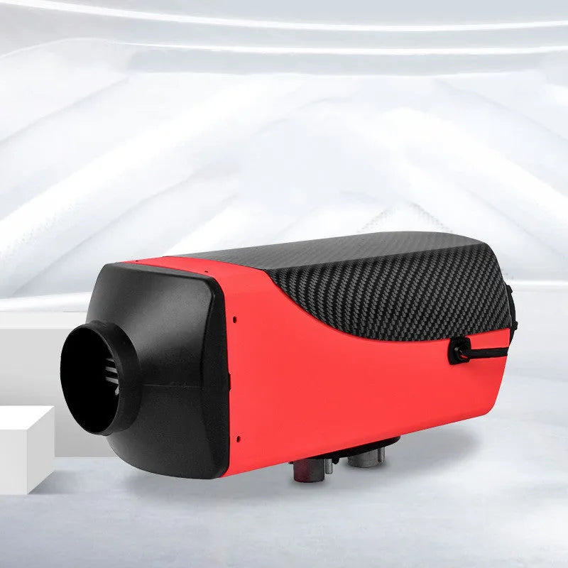 Red and black diesel air heater kit with fuel tank, pump, and pipes for truck or van installation.