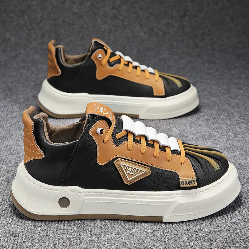 Men's beige low-top casual sneakers with an elastic band and leather stitching detail.