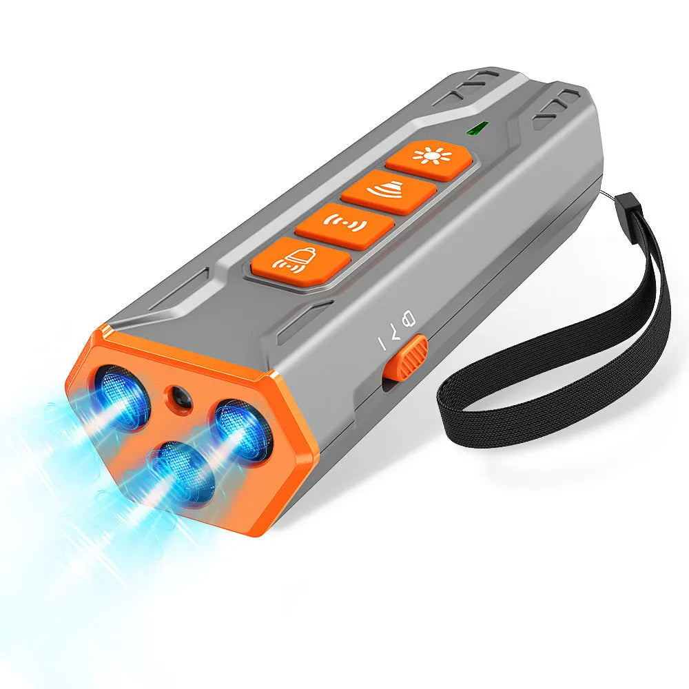Three-head ultrasonic dog trainer in black and orange colour on a grey background.