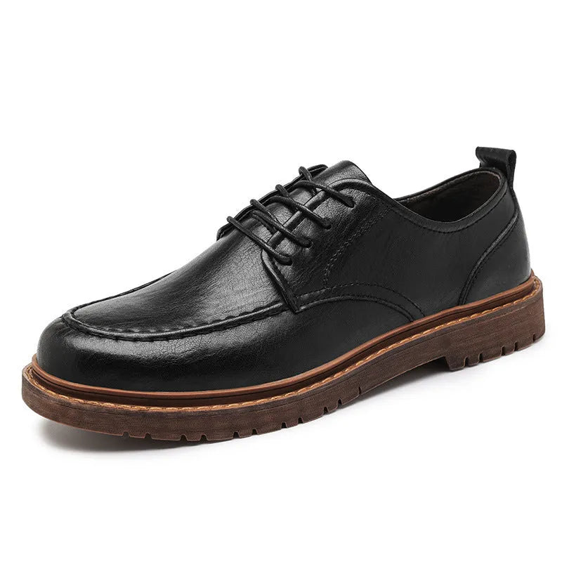Men's black and brown casual leather shoes with round toe and flat rubber sole