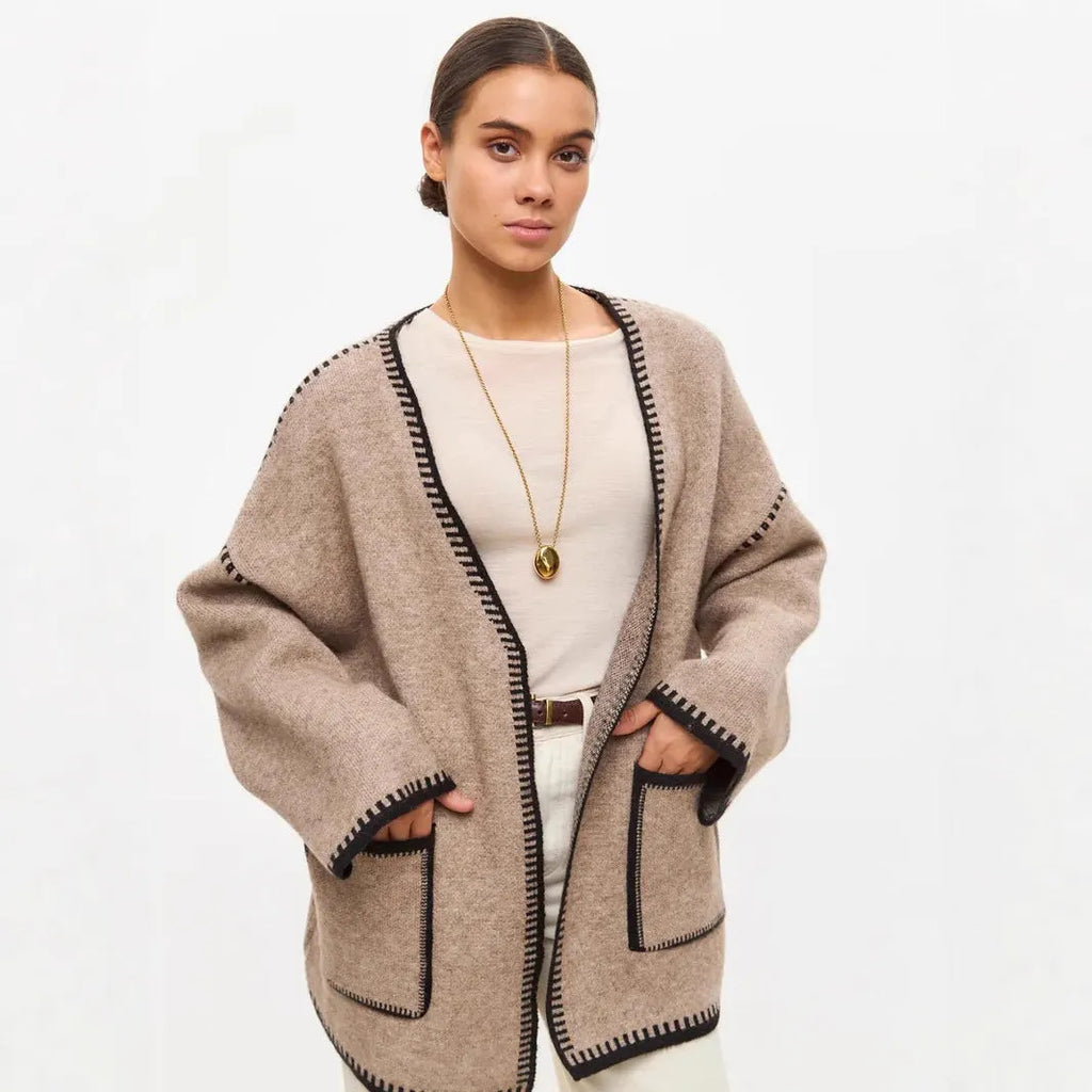 Loose fit lace-up knitted cardigan in imitation cashmere available in white, black and camel colours