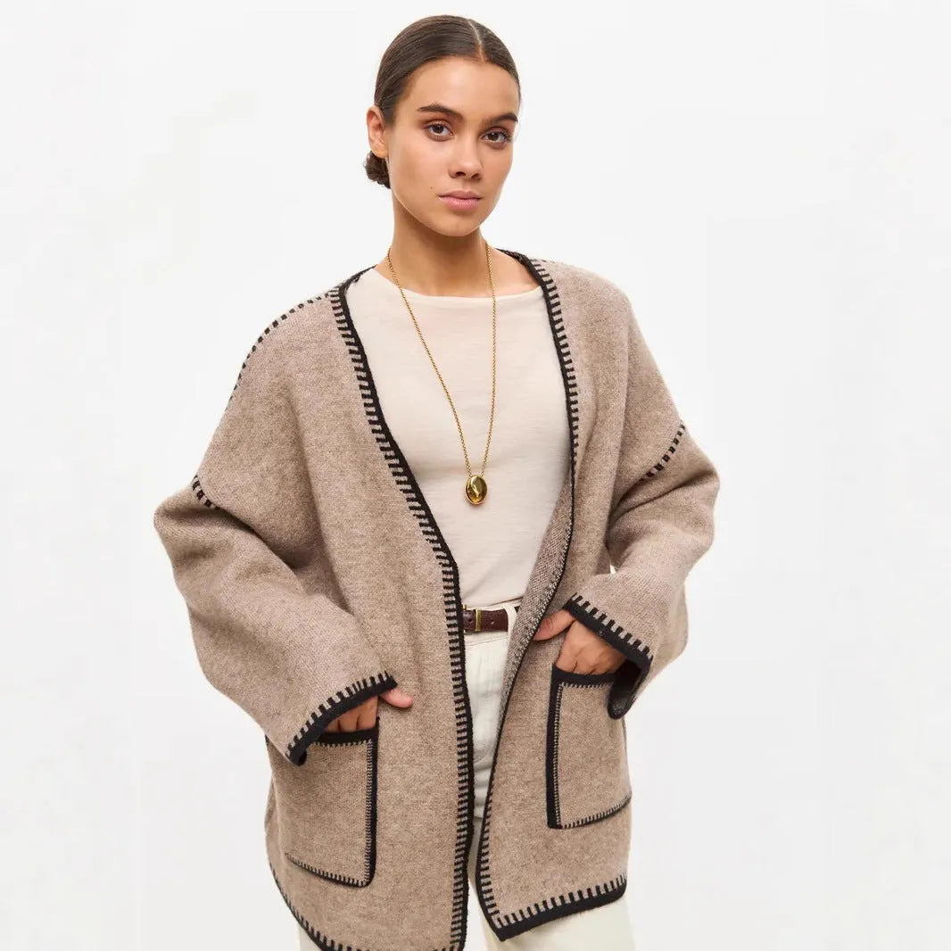 Loose fit lace-up knitted cardigan in imitation cashmere available in white, black and camel colours
