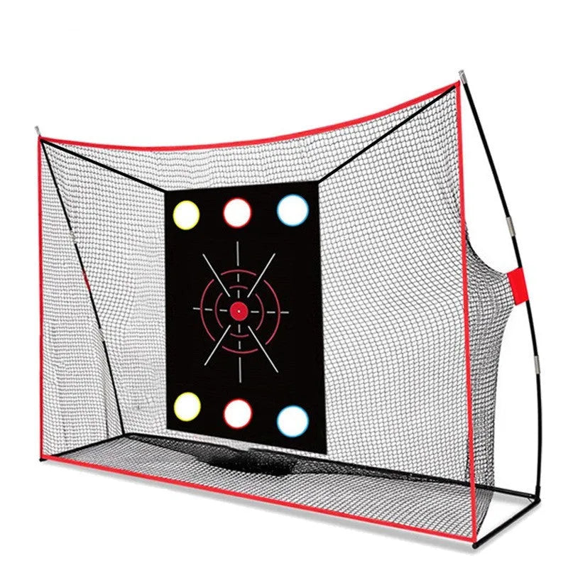 Golf wedge training net with three-hole cross target and straw practice mat