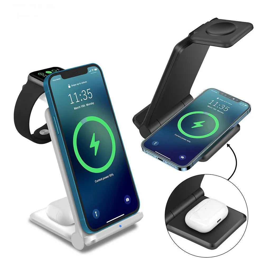 White 3-in-1 wireless charging station showing phone, Apple Watch and AirPods charging simultaneously
