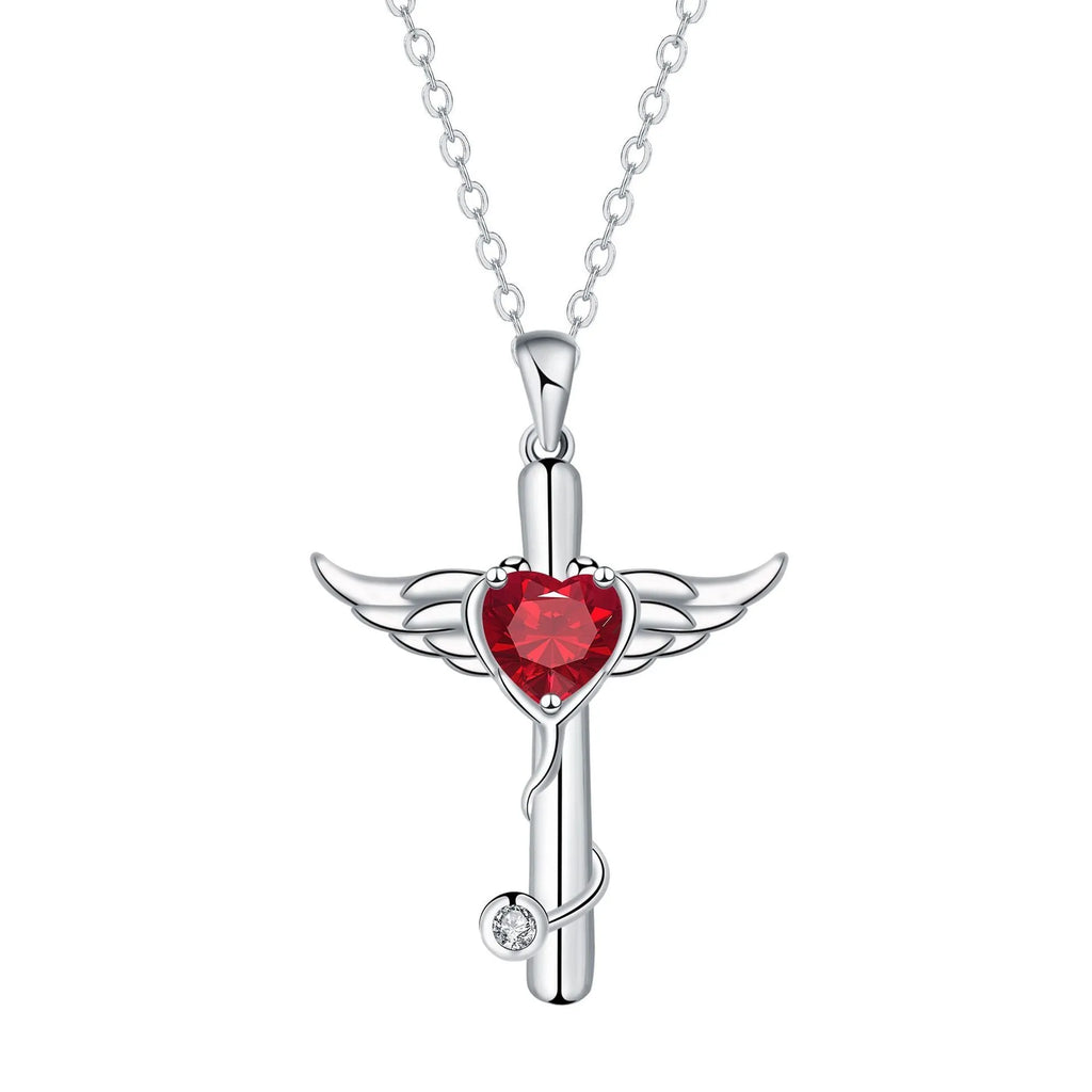 Stethoscope-shaped copper necklace with wing design elements in electroplated red or white diamond finish