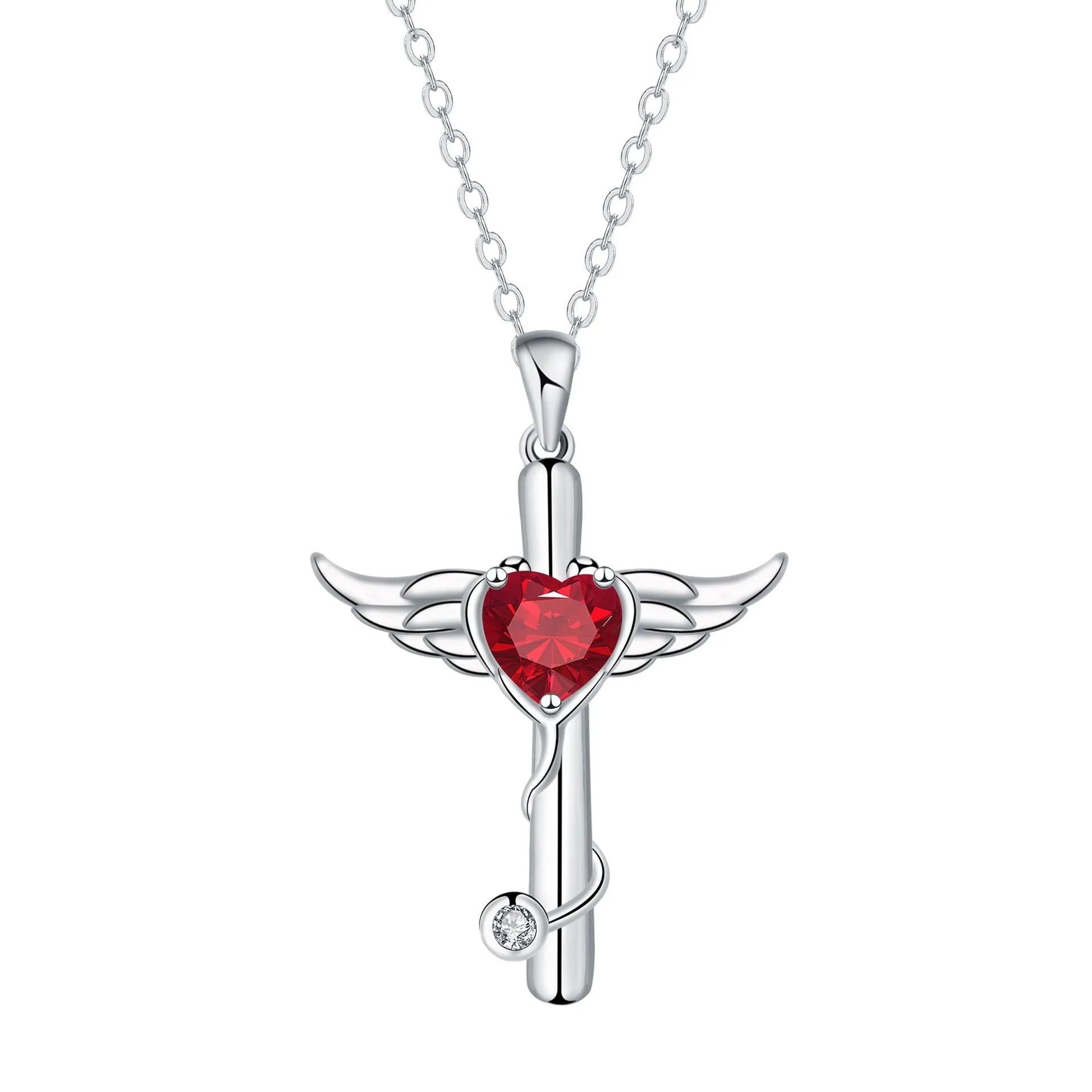 Stethoscope-shaped copper necklace with wing design elements in electroplated red or white diamond finish