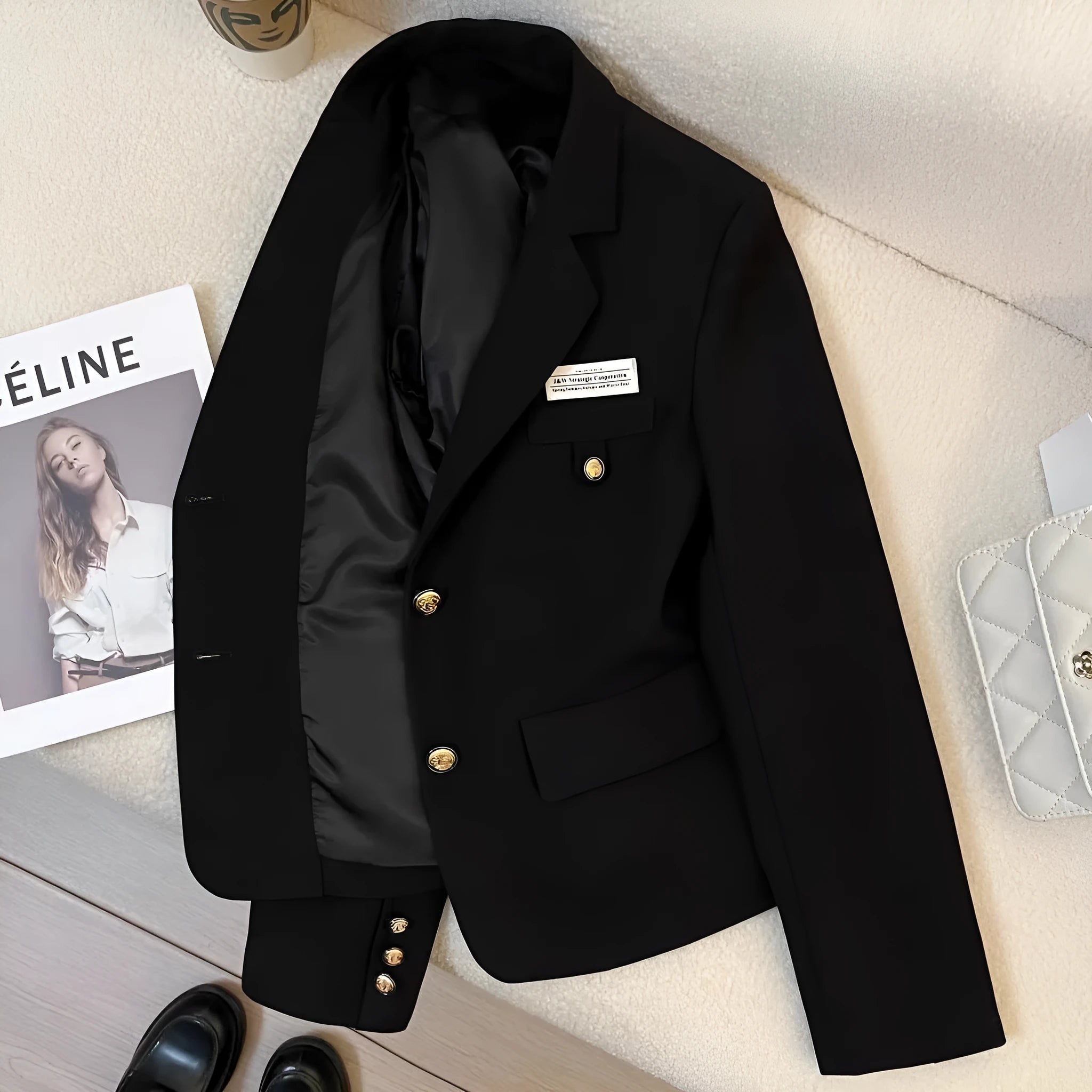 Black women's suit coat with long sleeves and loose fit, 50cm length