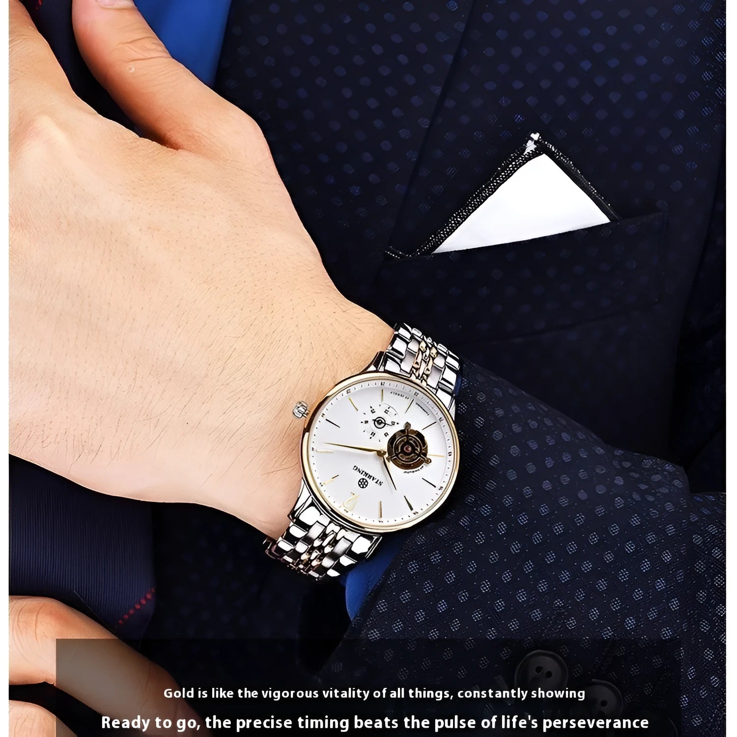 Automatic mechanical men's waterproof business watch with sapphire crystal glass and genuine leather strap