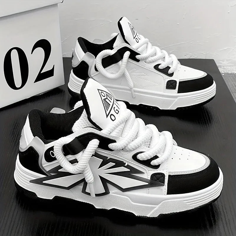 Men's white chunky low-top sneakers with round toe and lace-up front on rubber sole
