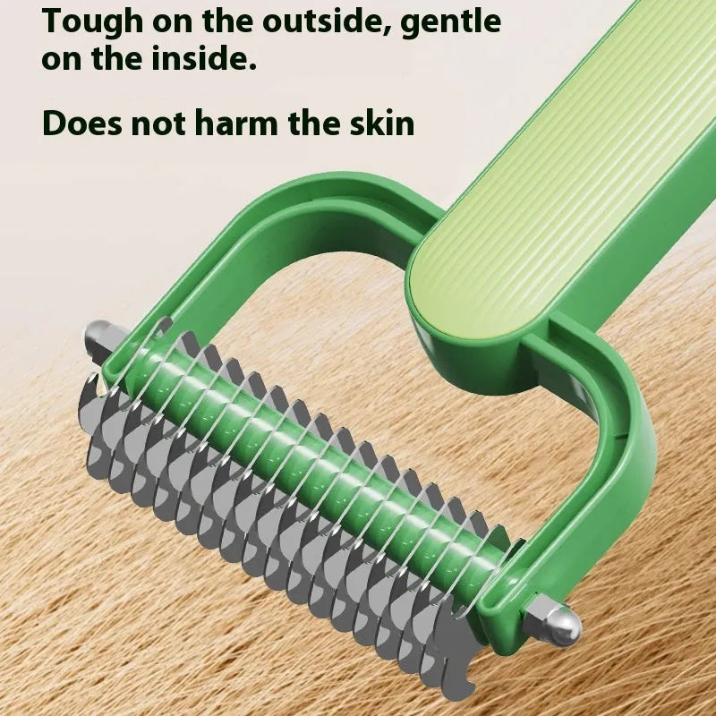 Green and grey dog unknotting comb with PP handle and stainless steel teeth, shown in large and small sizes.