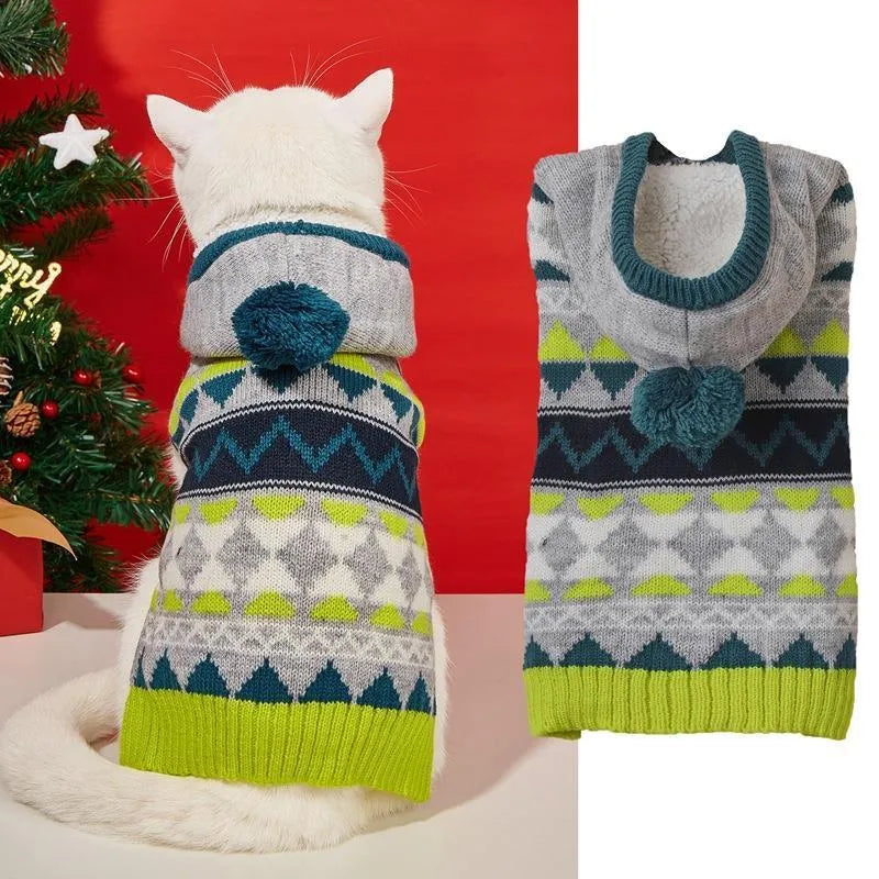 Green knitted pet sweater with diamond pattern on a small dog, showing size and texture.