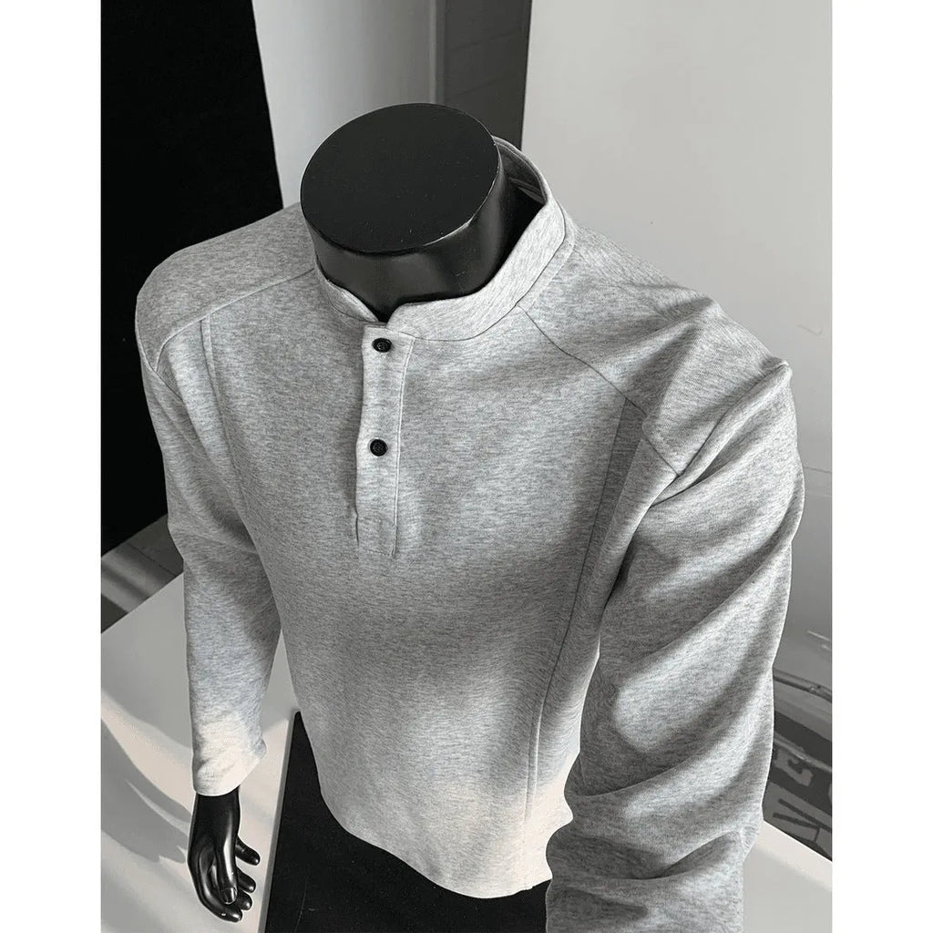 Men's asymmetric patchwork long sleeve polo shirt with a stand-up collar in heather grey.