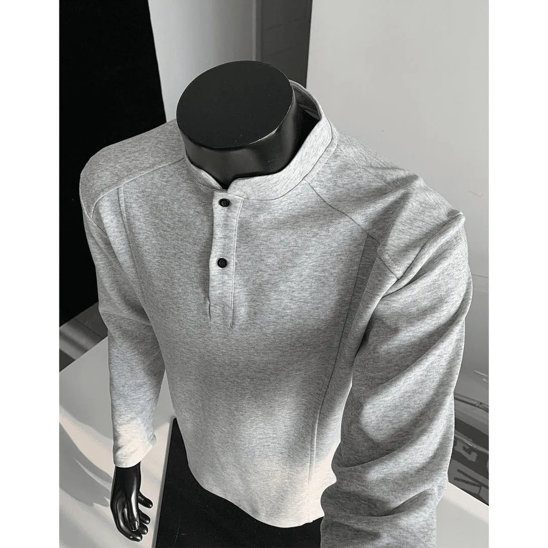 Men's asymmetric patchwork long sleeve polo shirt with a stand-up collar in heather grey.