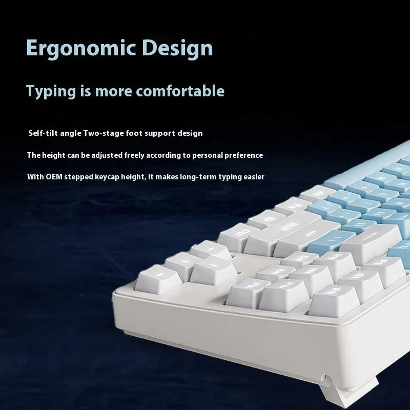 Office Game wireless mechanical keyboard showing colour options and 87-key or 108-key layouts