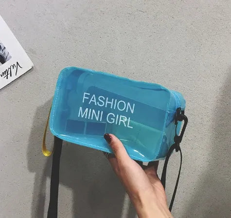 Transparent square jelly shoulder bag in various colours with adjustable strap and phone compartment