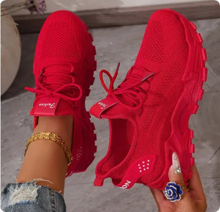 Women's breathable mesh sports shoes with flyknit-style upper and platform sole in multiple colour options