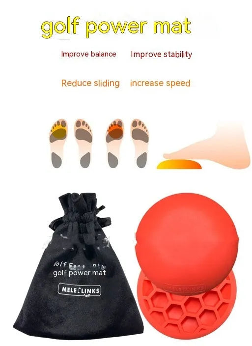 Orange natural rubber golf strength training mat with centre of gravity markings on a flat surface.