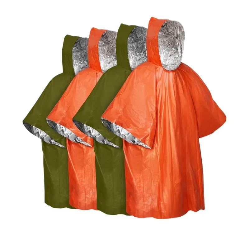 Marathon Wild orange and army green cross-country raincoat laid flat showing 100x130cm size.