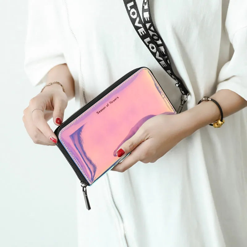 Women's short folding wallet in glitter, blue, or green measuring 11cm square with 2.5cm thickness
