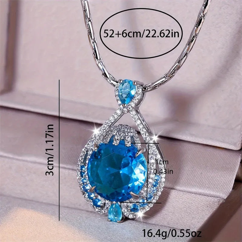 Women's geometric blue crystal pendant necklace with water wave chain