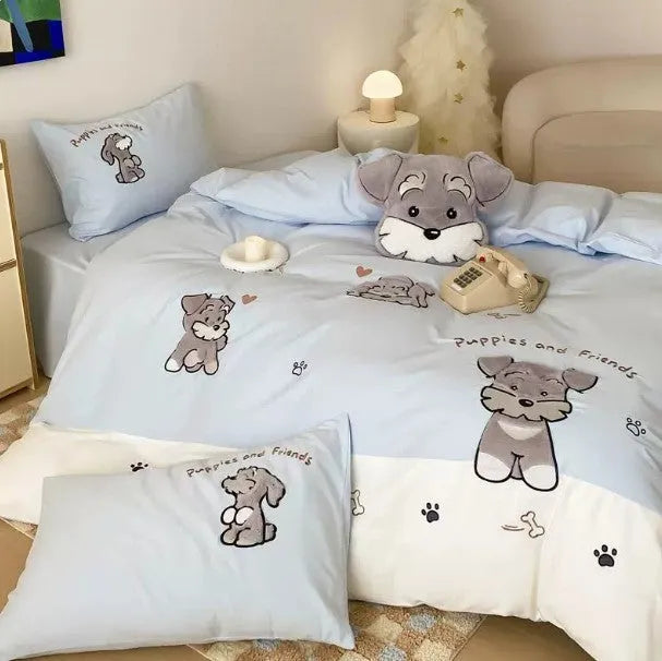 Cute Schnauzer cartoon pattern on thickened cotton quilt cover and pillow from a complete bedding set.