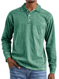 Retro washed distressed pure cotton long sleeve polo shirt with lapel collar, shown in Army Green.
