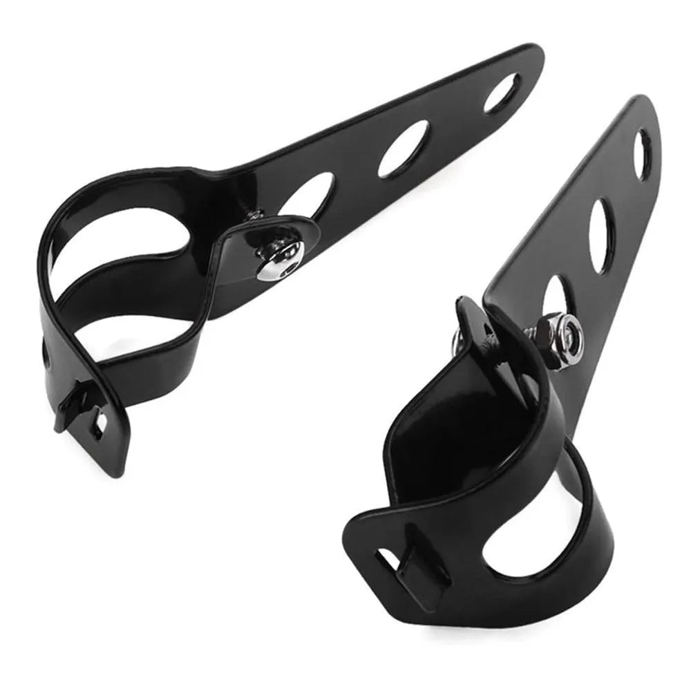 Pair of black iron motorcycle headlamp support brackets for retro modified headlights