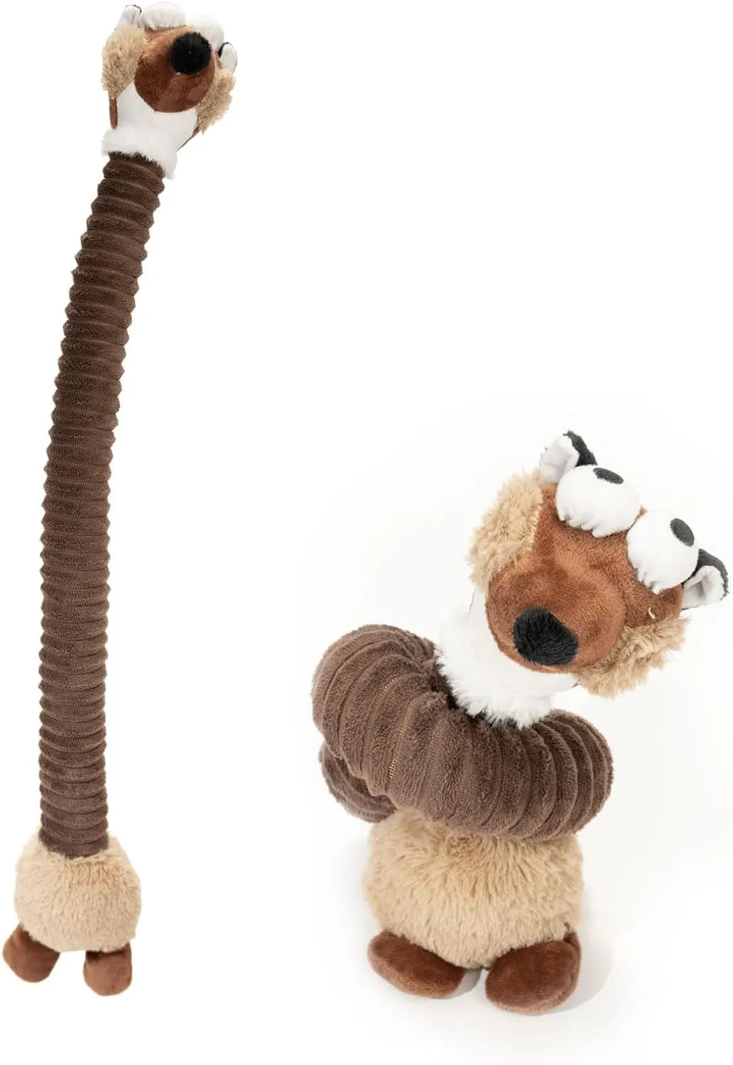 Plush dog toy with crinkle and squeaker sounds in brown, grey and yellow colours