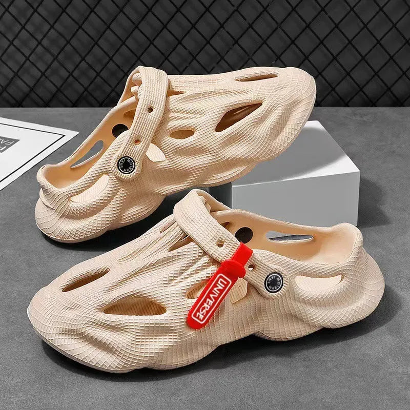 Solid colour EVA coconut slippers with closed toe, perforated upper, and thickened sole.